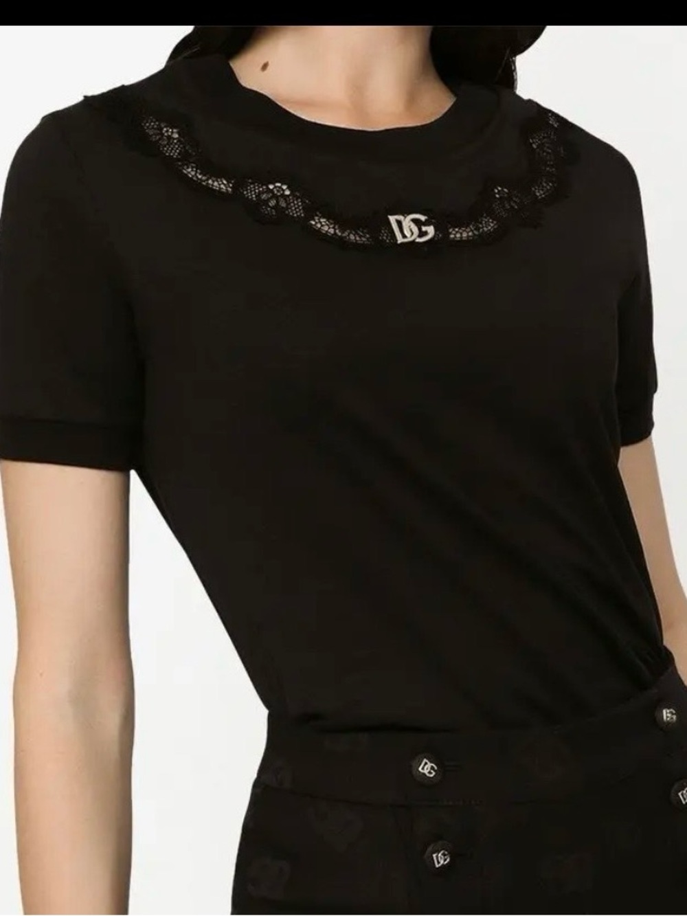 DOLCE & GABANNA‎ DG Logo Lace Trim Black Tee Top IT 40 US 4